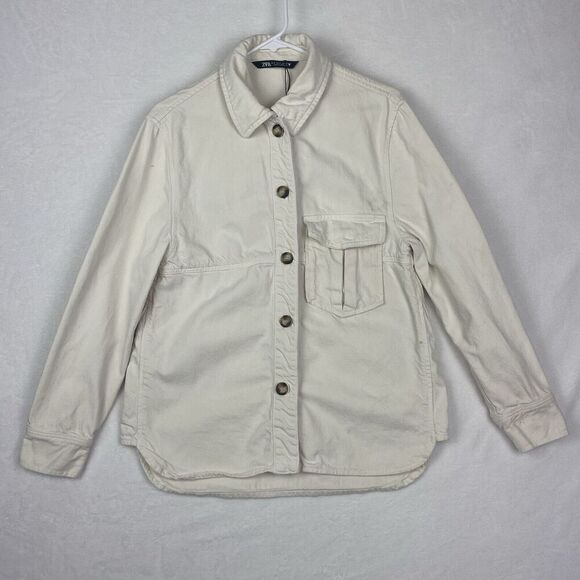 Zara Jackets & Blazers - Zara Denim Shacket Shirt Womens Small White Ivory Oversized Pocket Button Up